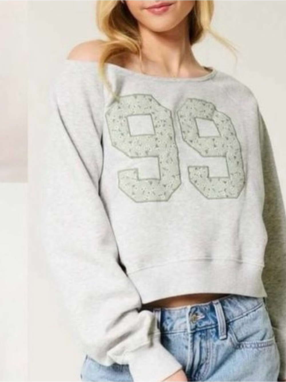 Hollister Women L Floral Patchwork Crop Off Shoulder Sweatshirt 99 Number Baggy